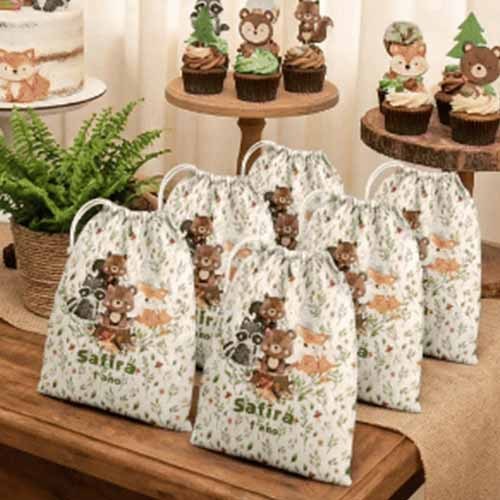 10 sacolinhas personalizada tecido BOSQUE ENCANTADO lembrancinhas festa de aniversario 30cmx20cm