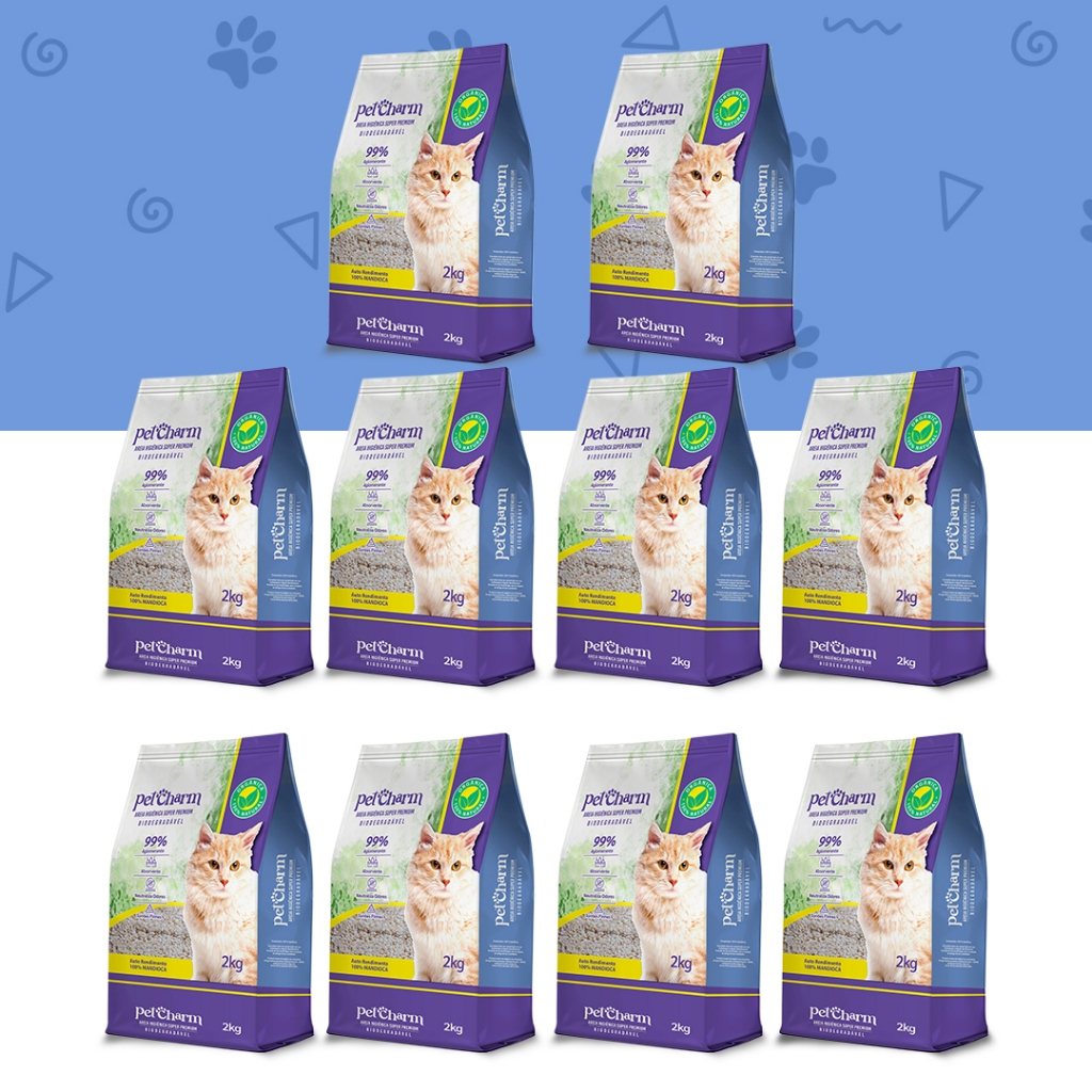 Kit Areia Higiênica para Gato Pet Charm de Mandioca Biodegradável Controle de Odor 4kg até 20kg