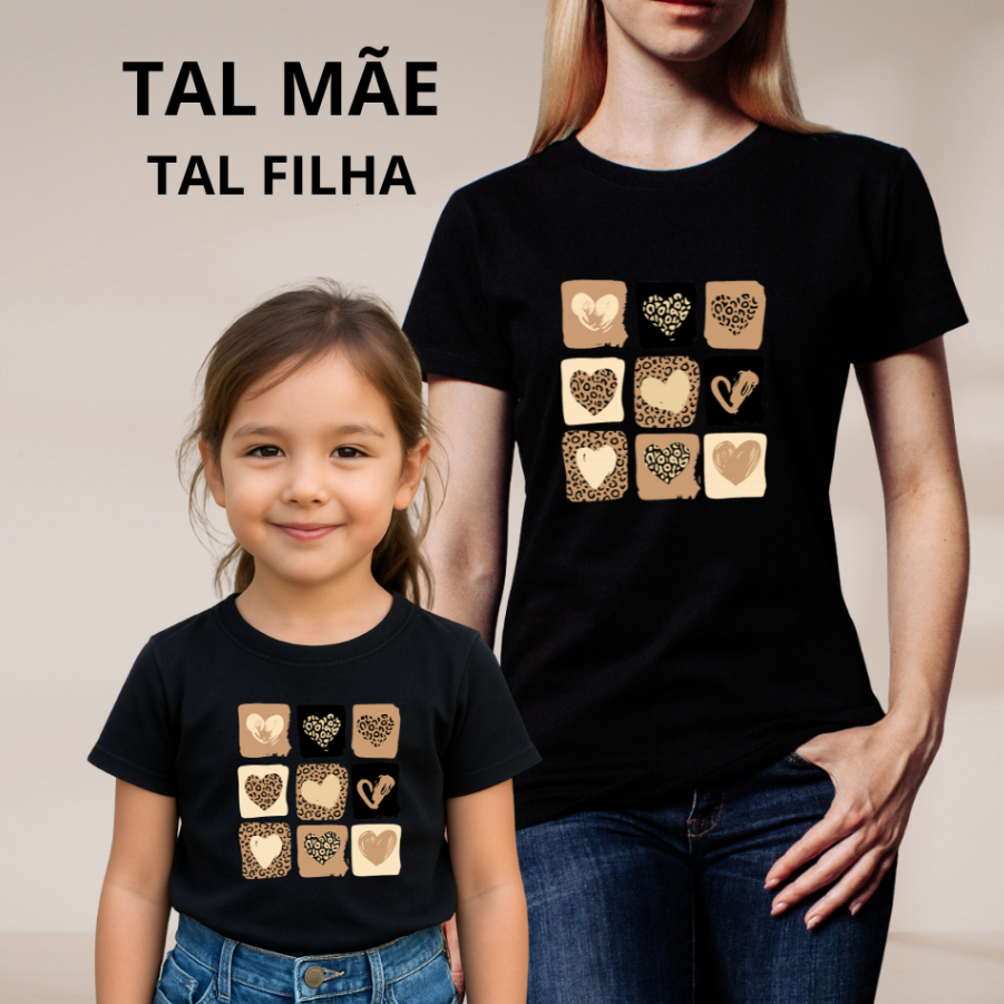 Camiseta Tal Mãe Tal Filha Coração Animal Print | Algodão Blusa Adulto e Infantil