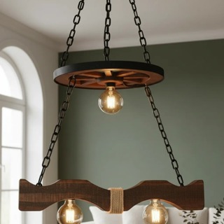 Luminária Madeira Caibro Canga Com Roda De Carroça 3 Bocal em Oferta na Shopee