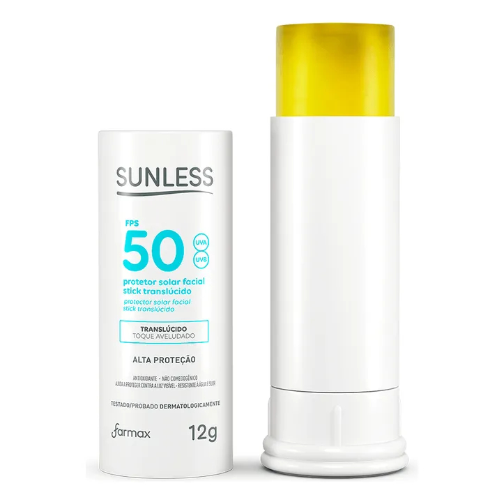 Protetor Solar Facial Stick Sunless FPS 50 12g Translúcido Proteção UVA e UVB Prático e Portátil