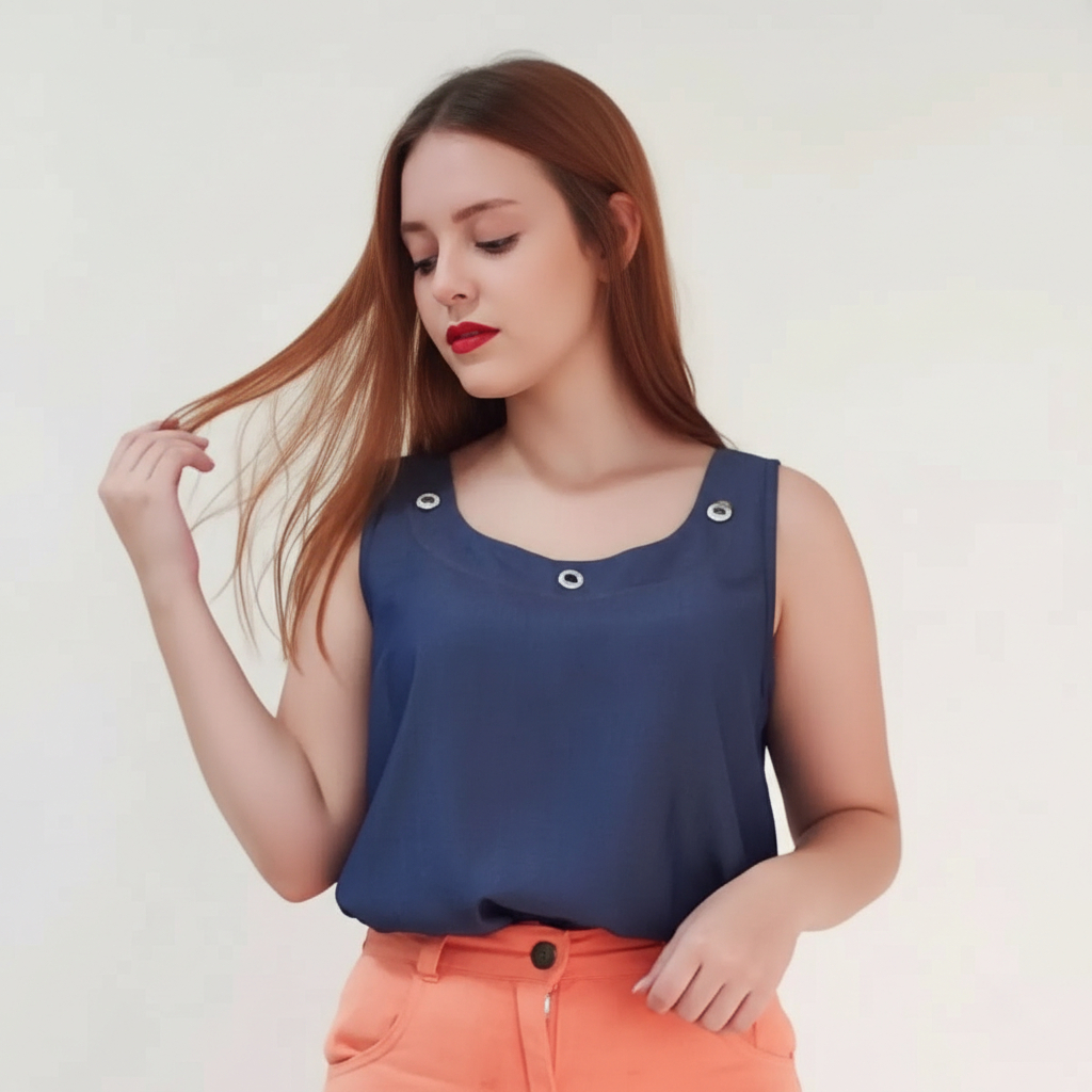 Regata Feminina Jeans Tencel Com Botoes na Gola Cores Lisas Escura & Claro em Oferta na Shopee