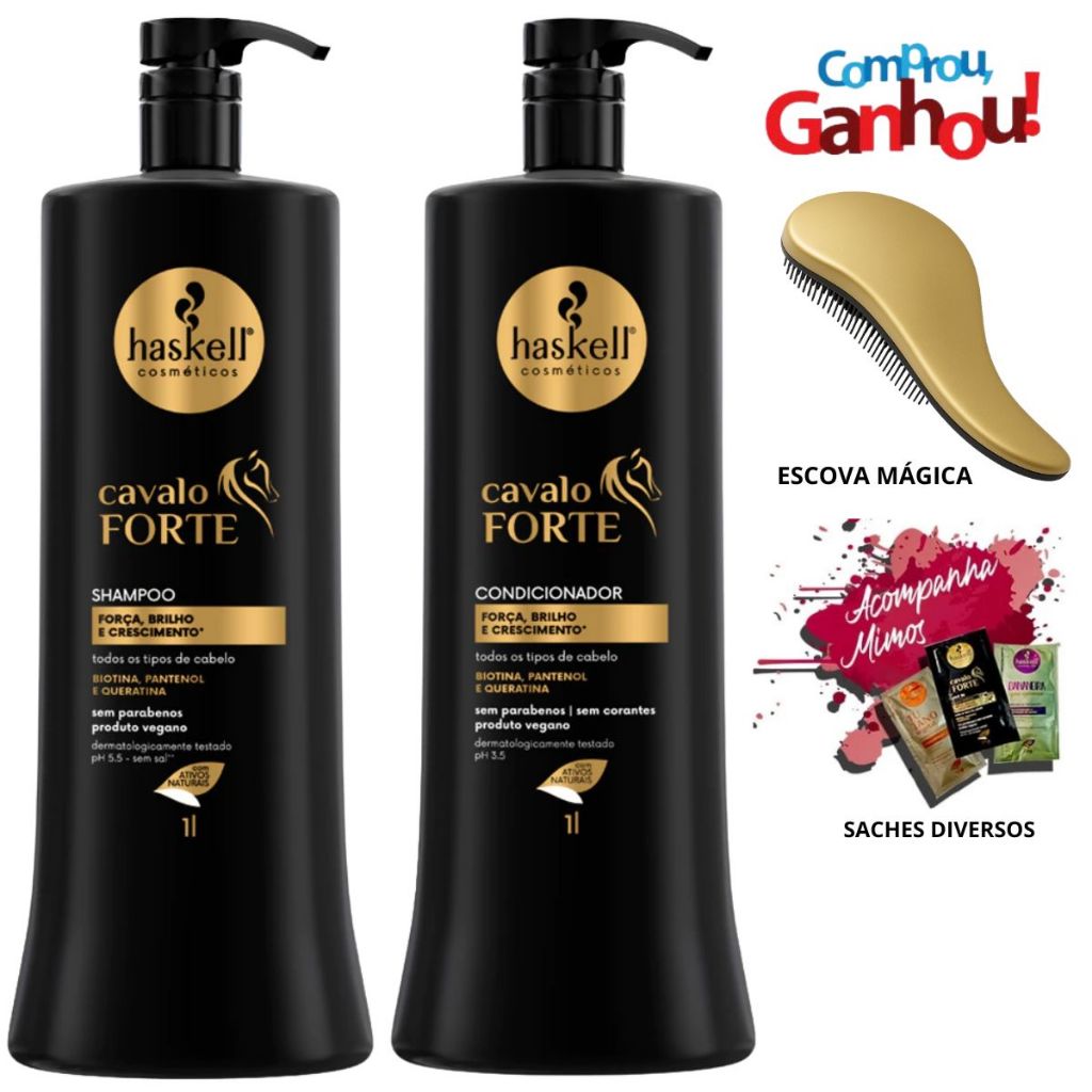 Haskell Kit Cavalo Forte Shampoo E Condicionador 1 Litro + Escova Mágica e Saches em Oferta na Shopee