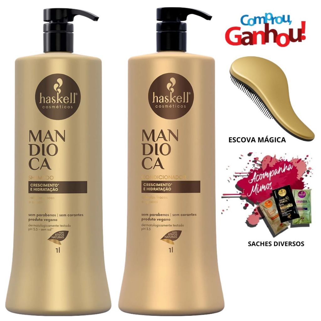 Haskell Mandioca Kit Shampoo e Condicionador 1L + Escova Mágica e Saches