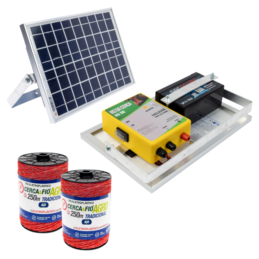 Kit Eletrificador Solar Cerca Elétrica Rural 50km + 500m Fio