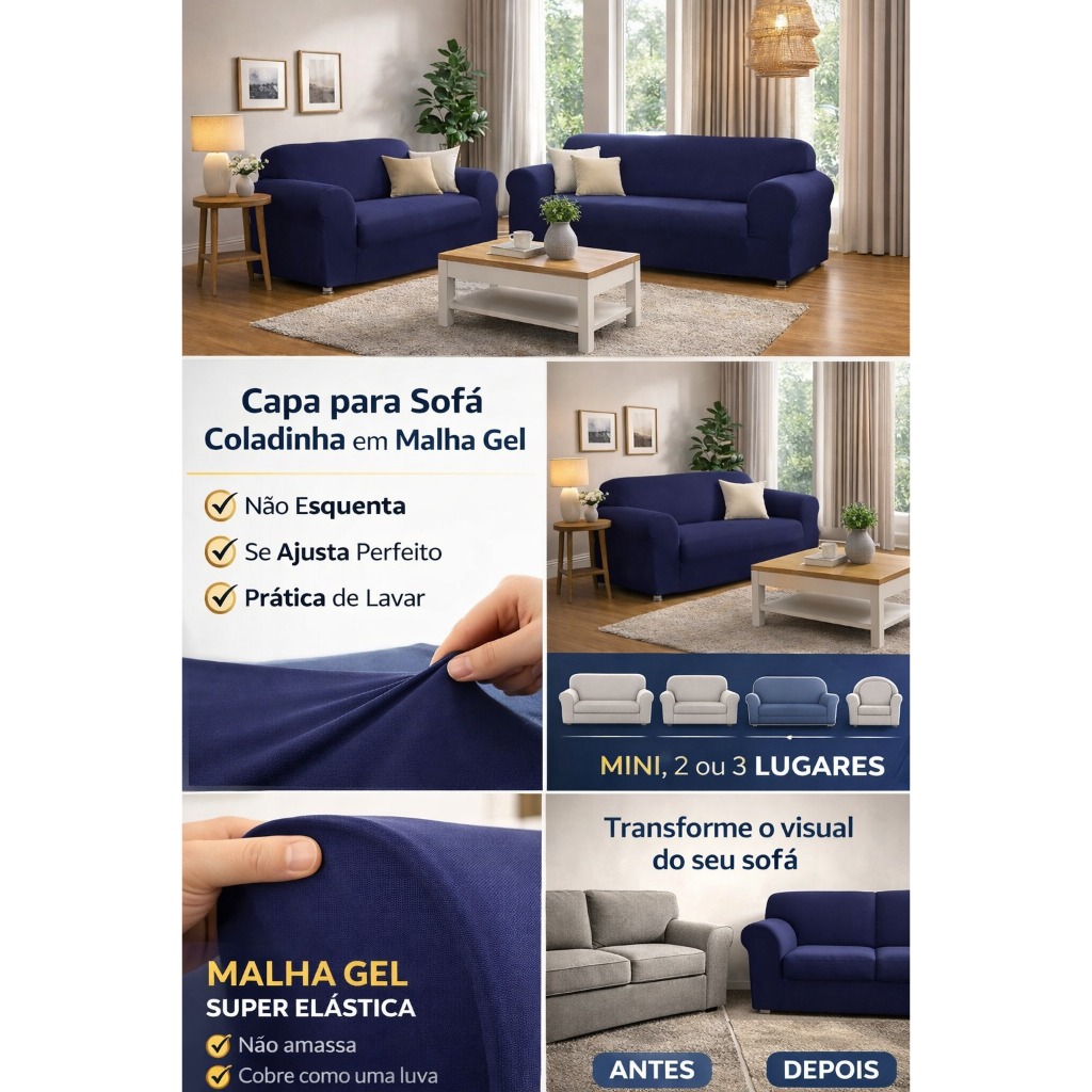 JOGO KIT CAPA DE SOFA COLADINHA 2 E 3 LUGARES PREMIUN MALHA GEL PARA SOFÁ COM ACABAMENTO EM ELÁSTICO