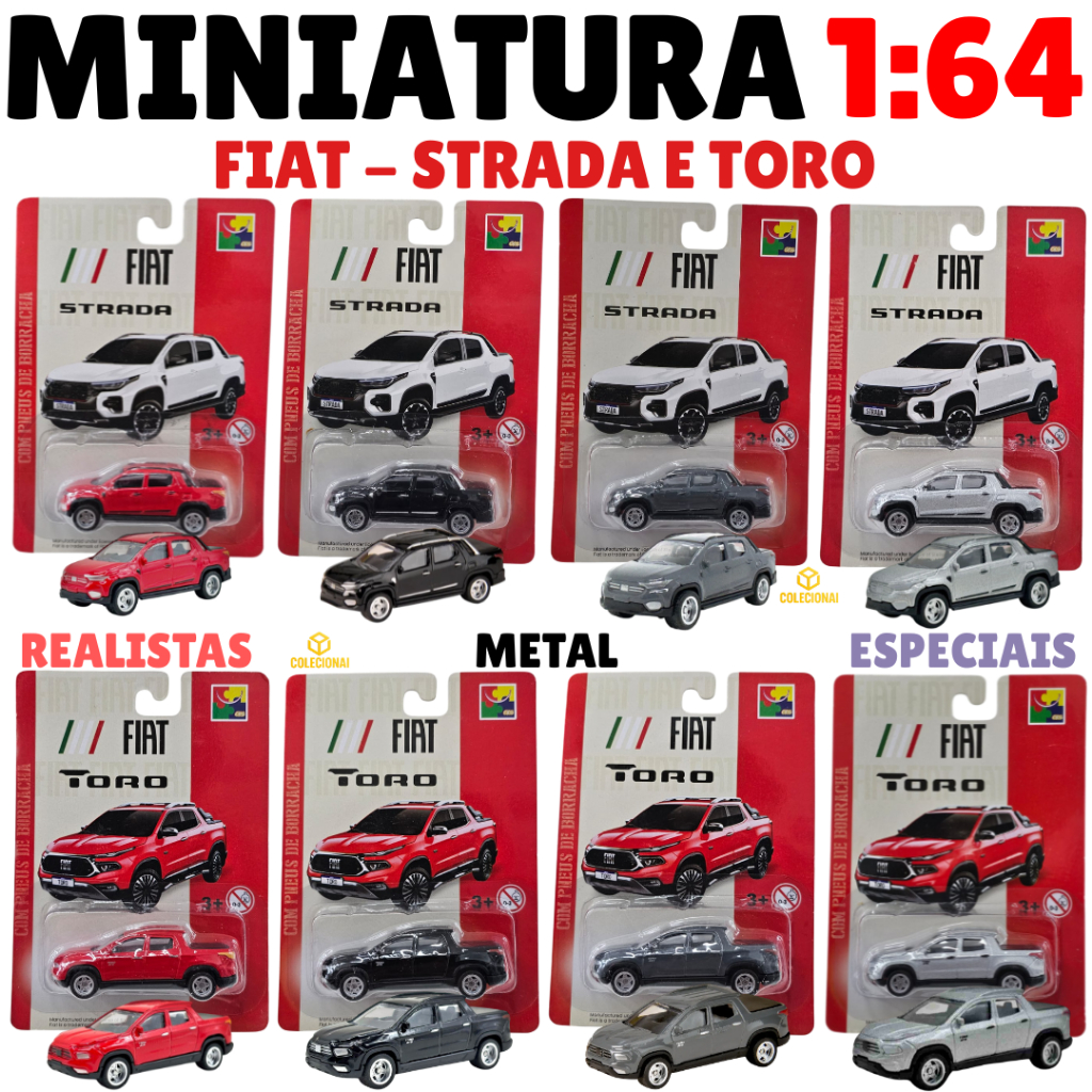 Miniatura 1:64 Fiat Strada e Fiat Toro Licenciado | Metal Die-Cast | Pneus Borracha | Realista | Colecionável | Lacrado