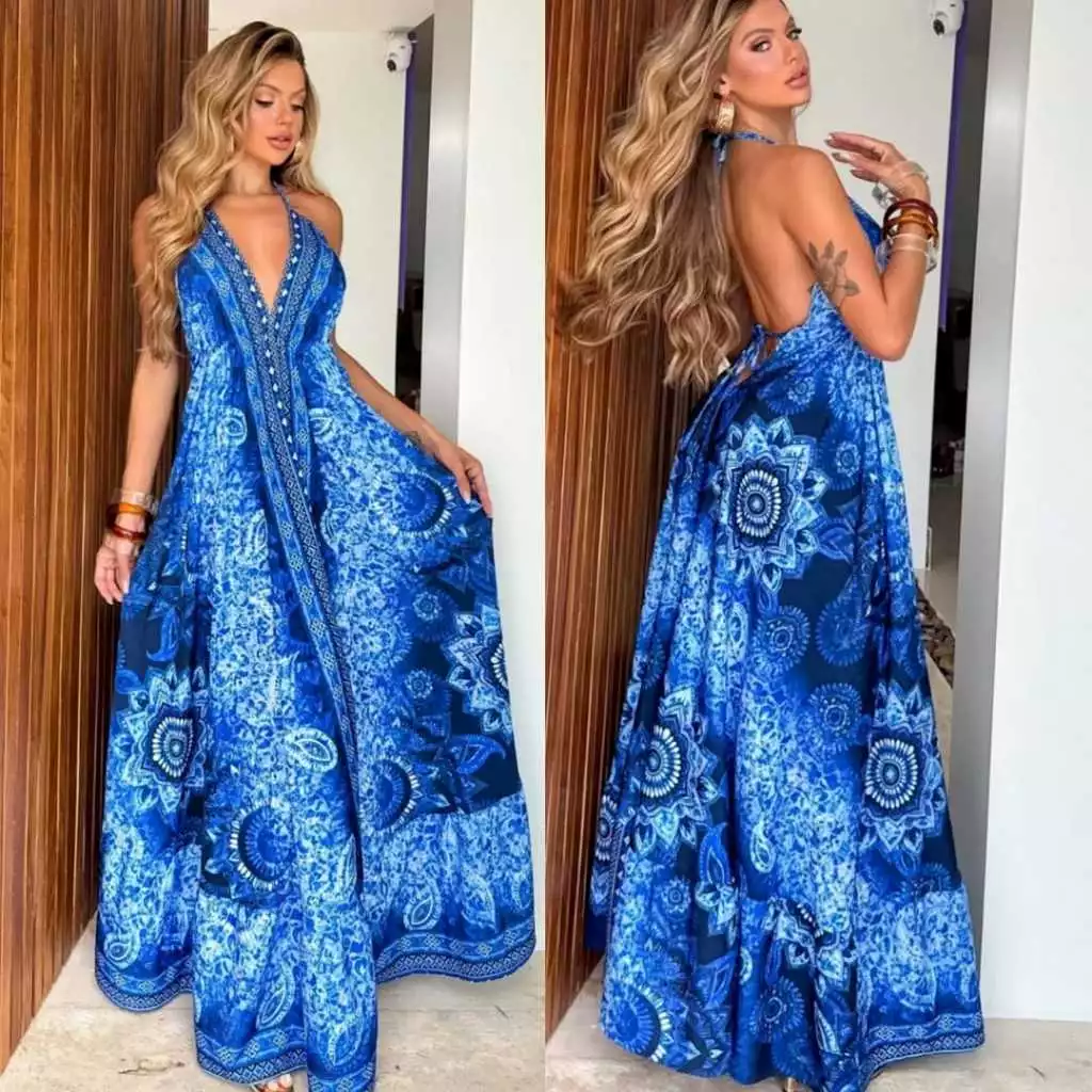 Vestido Indiano longo ESTAMPADO LONGO FRENTE Única e costa Nua, ELEGANTE