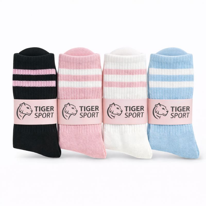 Kit 4 Pares Meias Femininas Cano Alto Listradas Coloridas Algodão Tiger Sport