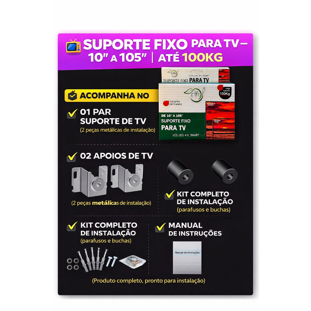 Suporte Fixo Universal Para Smart TV LED LCD 4K Parede Painel 10 24 32 43 50 55 60 75 105 Polegadas