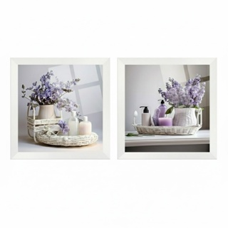kit 2 quadros decorativos banheiro, lavabo, toalete, flores, lilás, moldura e vidro 18x18 cm em Oferta na Shopee