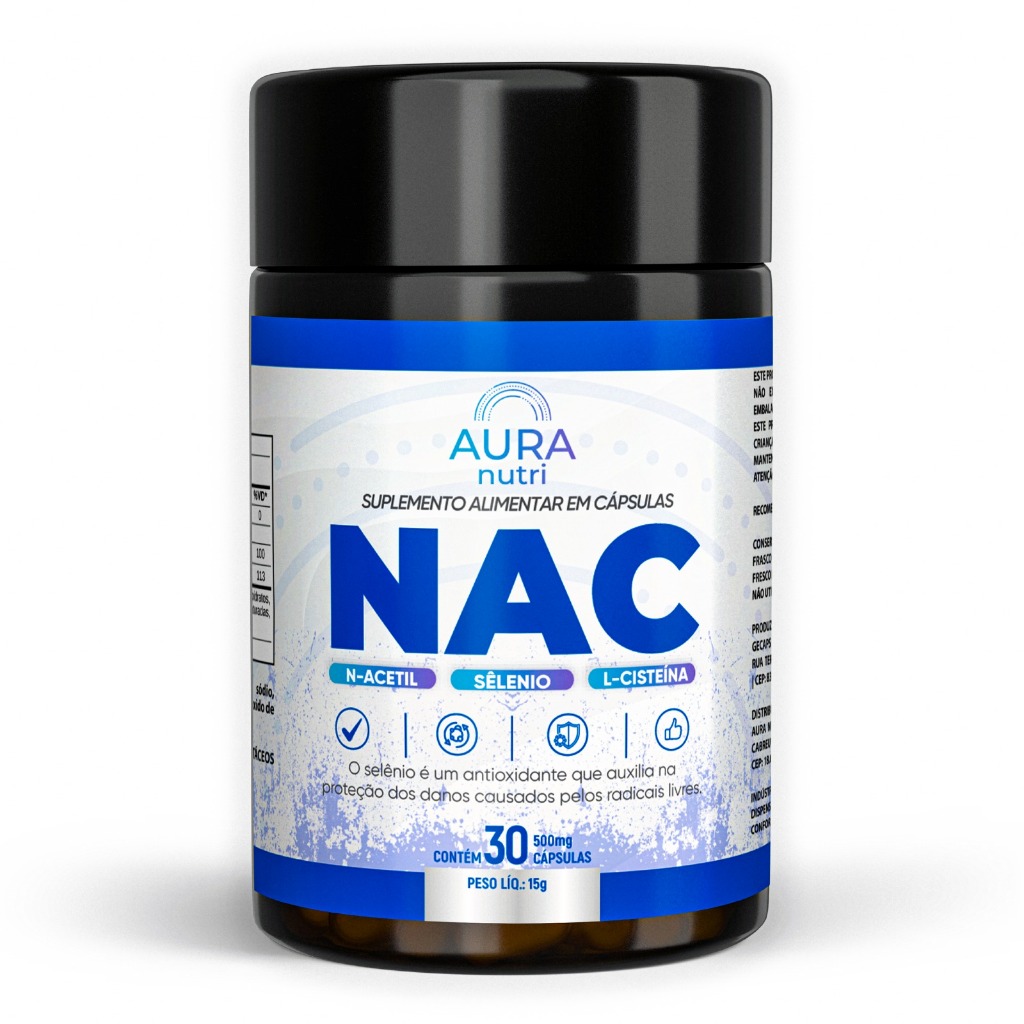 NAC 500mg 30 Cápsulas N-Acetil L-Cisteína Antioxidante Detox Imunidade Saúde do Fígado Aura Nutri
