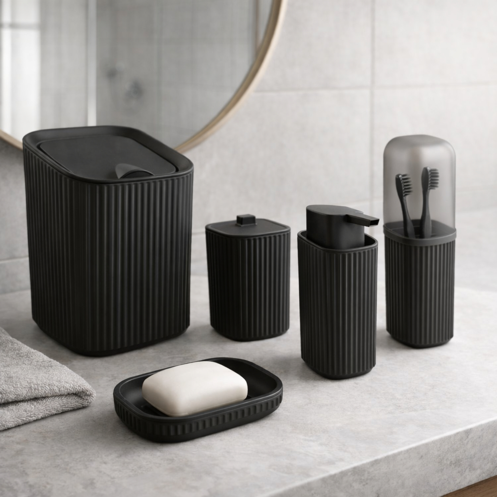 Kit Utensílios De Banheiro 5 Acessórios Dispenser Sabonete, Lixeira, Porta Escova, Porta algodão em Oferta na Shopee