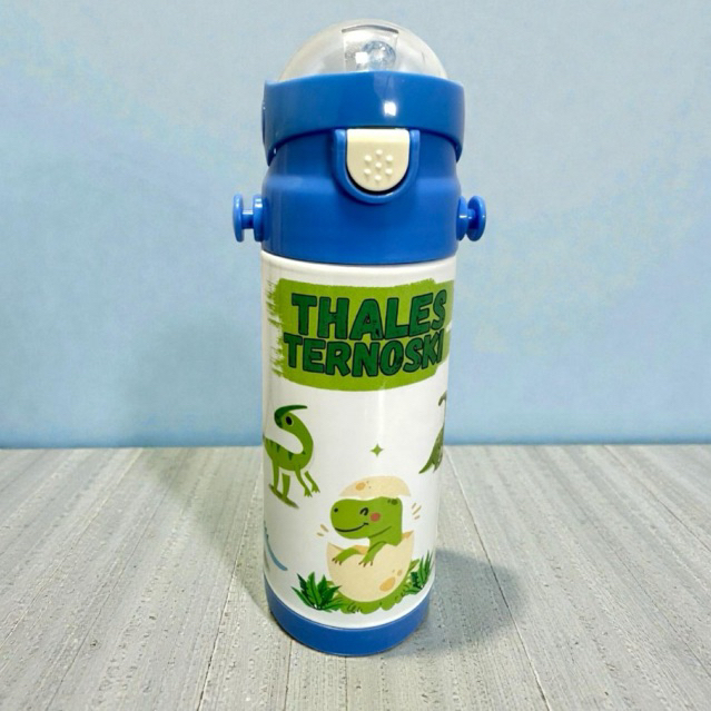 Garrafinha Térmica Personalizada Dinossauro Com Nome Alça e Canudo 350ml Garrafinha termica infantil com nome