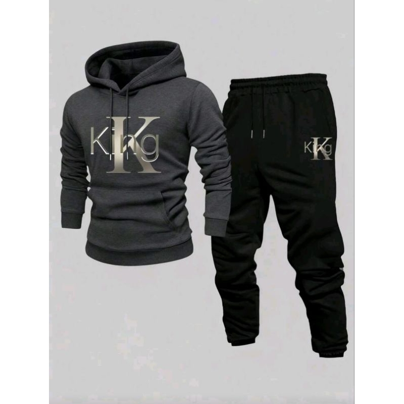 conjunto moletom flanelado estiloso unissex masculino feminino street wear king capuzde frio blusa canguru bolso Premium