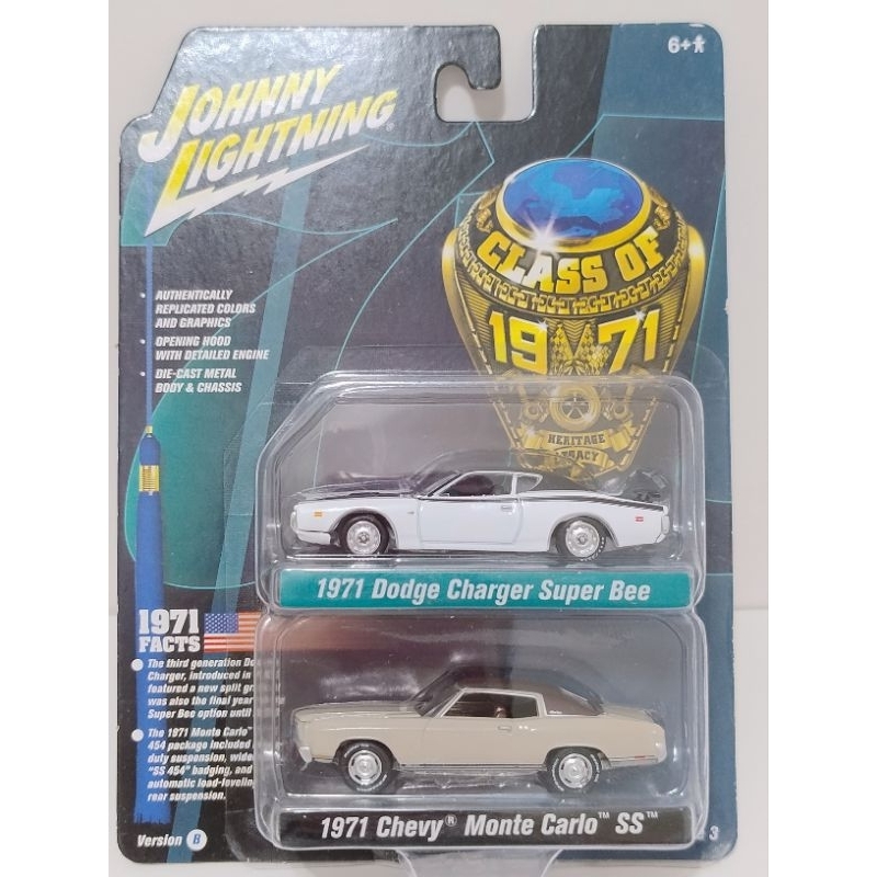 JOHNNY LIGHTNING DUPLO COM 2 MINIS 1971 DODGE CHARGER SUPER BEE E 1971 CHEVY MONTE CARLO MINI METAL PNEUS BORRACHA 1:64