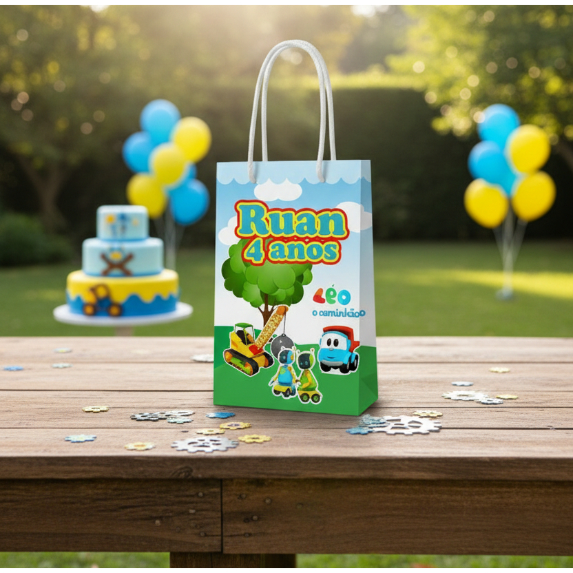 Sacolinha (P) | Sacola Léo Caminhão | Personalizada |Lembrancinha de Aniversário | PEGUE E MONTE
