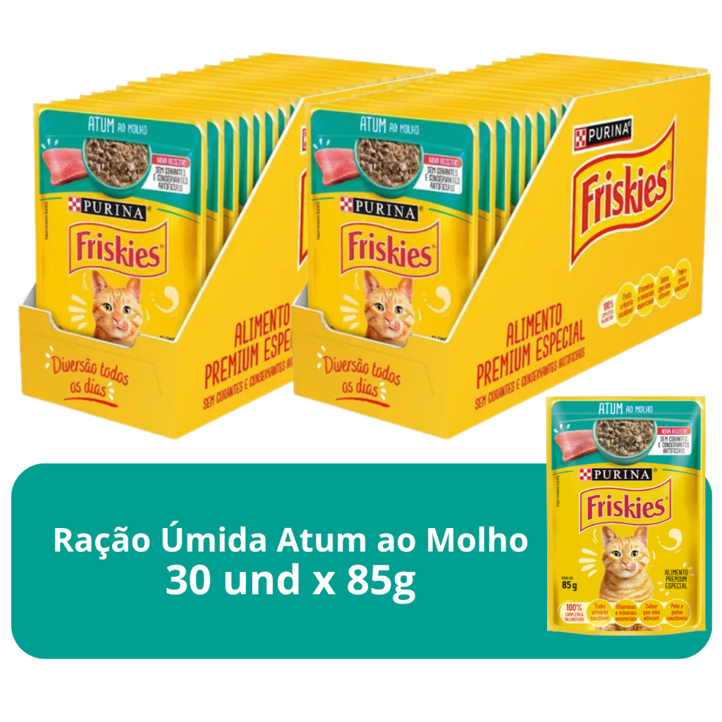 Ração Úmida Para Gatos Adultos Atum Ao Molho Friskies - 30 Sachês de 85g em Oferta na Shopee