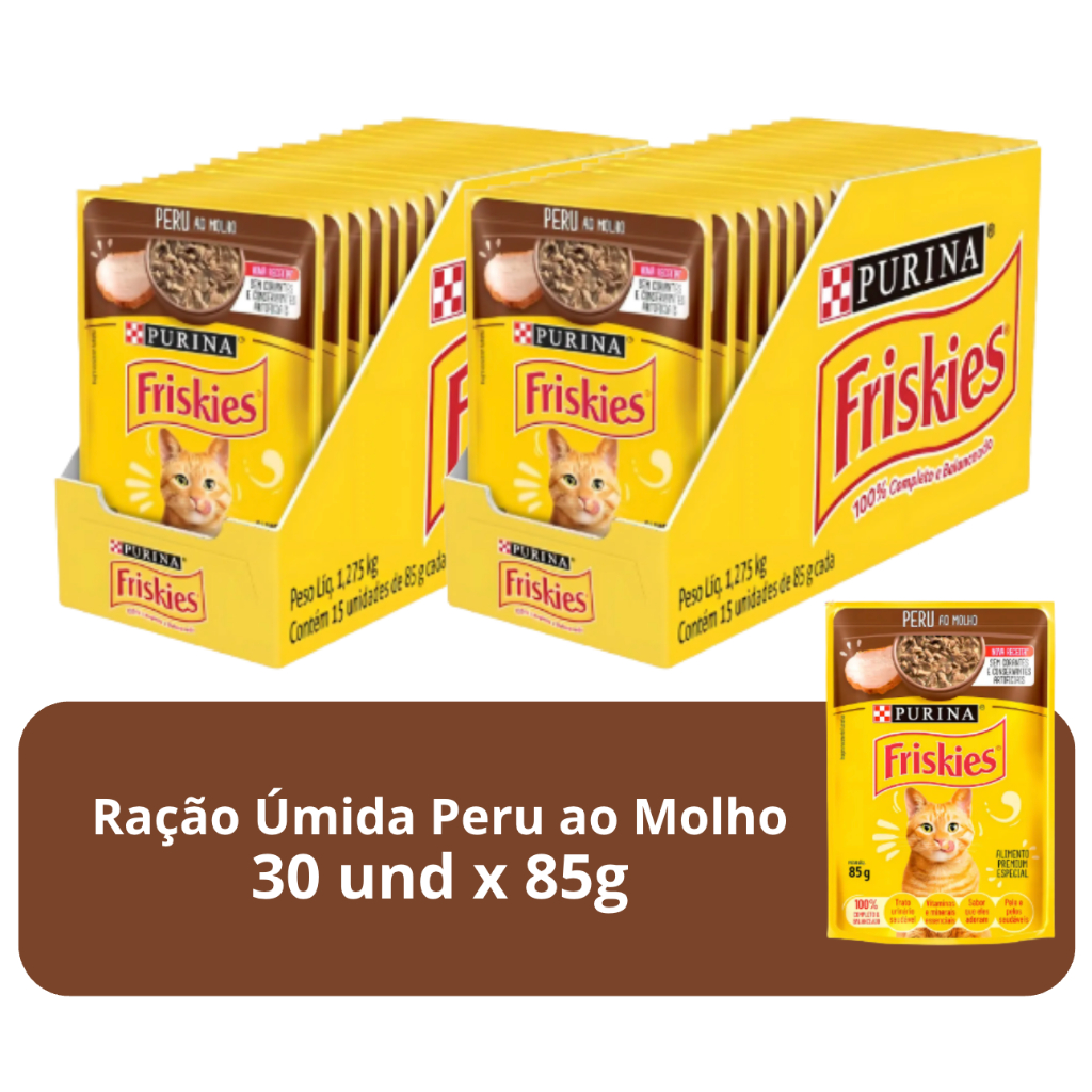 Ração Úmida Para Gatos Adultos Sabor Peru Ao Molho Friskies - 30 Sachês de 85g em Oferta na Shopee
