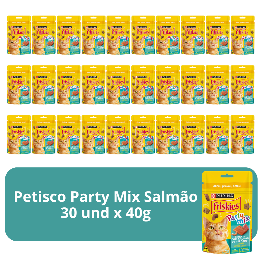 Petisco Purina Friskies Party Mix Salmão para Gatos Adultos 40g - 30 unid. em Oferta na Shopee