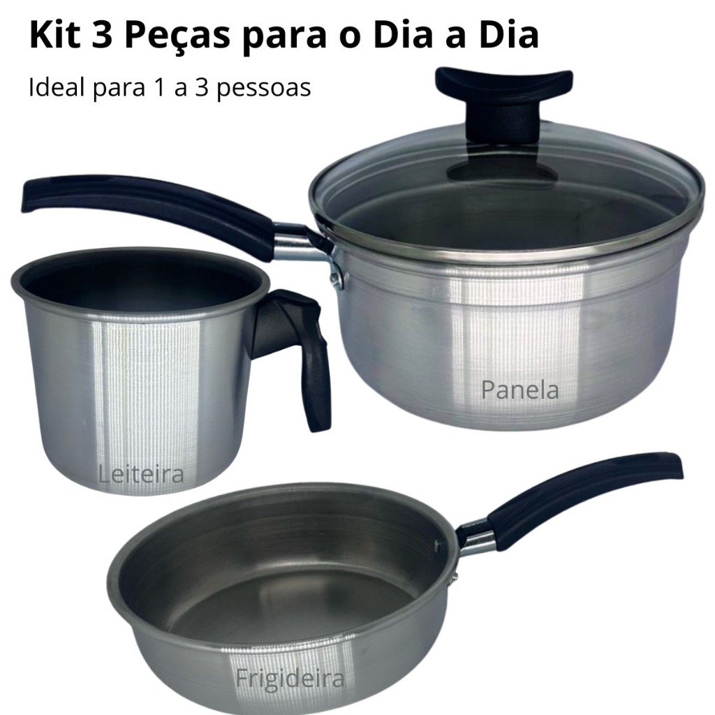 Kit de Panelas Alumínio Polido com Tampa de Vidro 2 a 5 Peças Frigideira, Panela, Caçarola  Fervedor em Oferta na Shopee