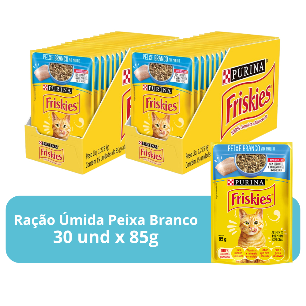 Ração Úmida Para Gatos Adultos Sabor Peixe Branco Ao Molho Friskies - 30 Sachês de 85g em Oferta na Shopee