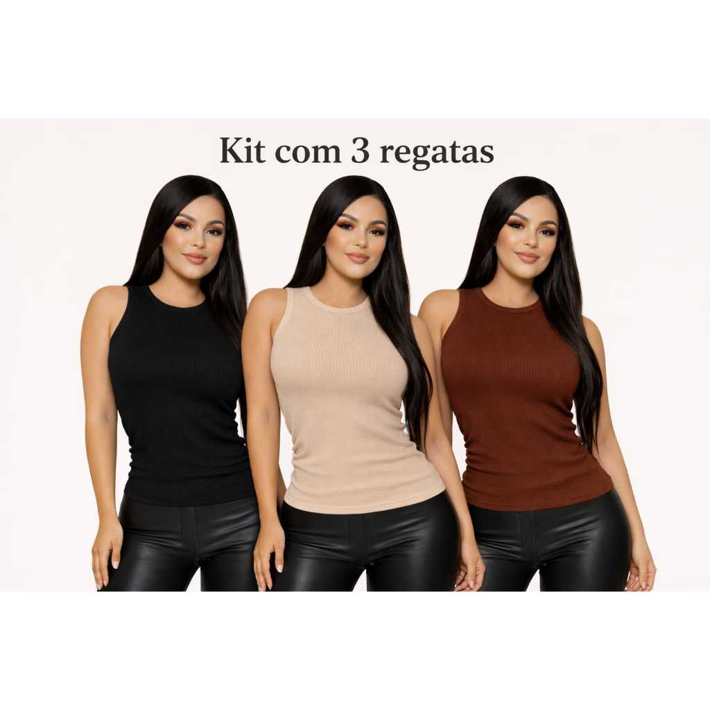 KIT- 3 - Regatas Feminina canelada Ribana Blusinha Básica