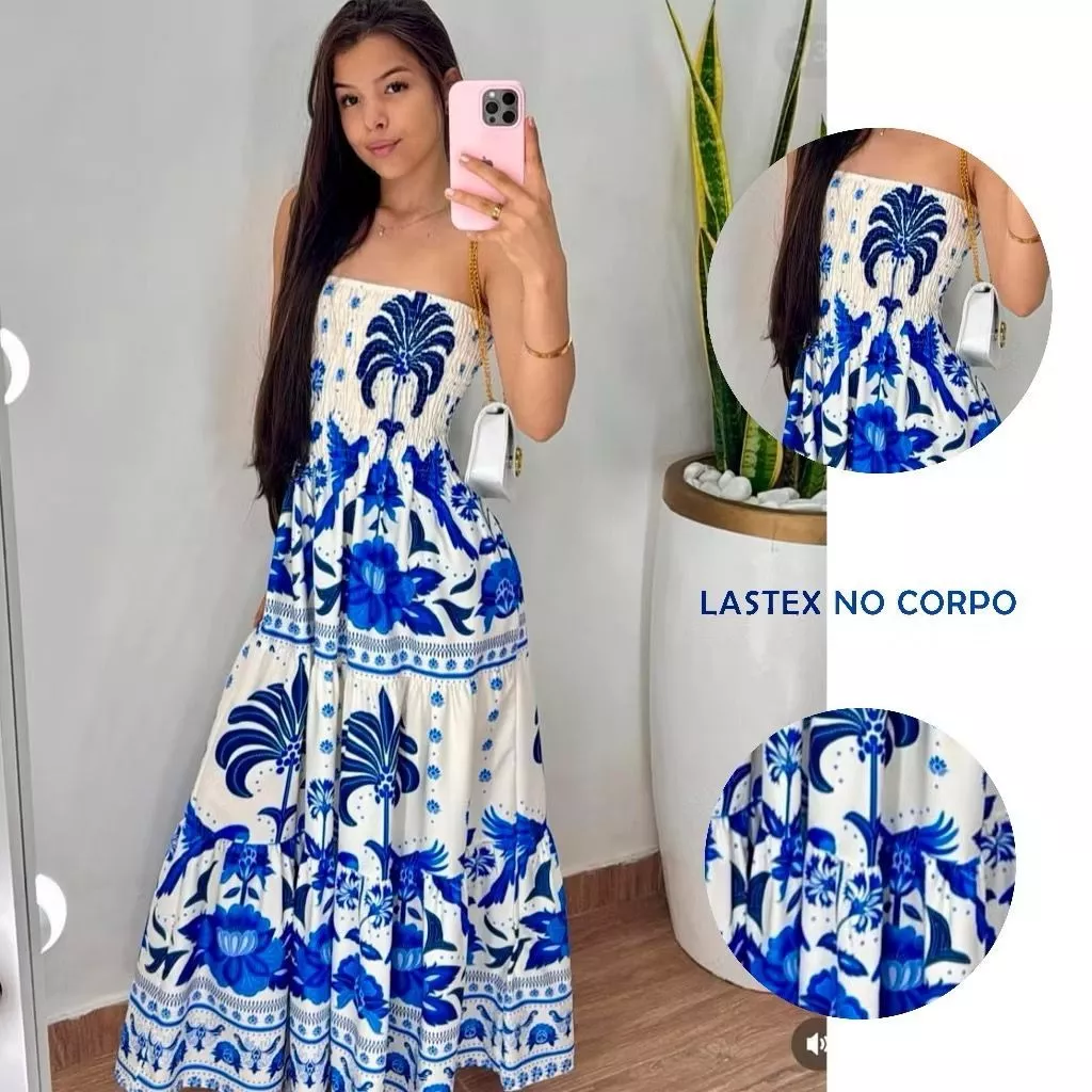 Vestido feminino  VERÃO ESTAMPO TAMARA QUE CAIA AZUL COM ELASTEX ENTREGA RAPIDA — imagem 1