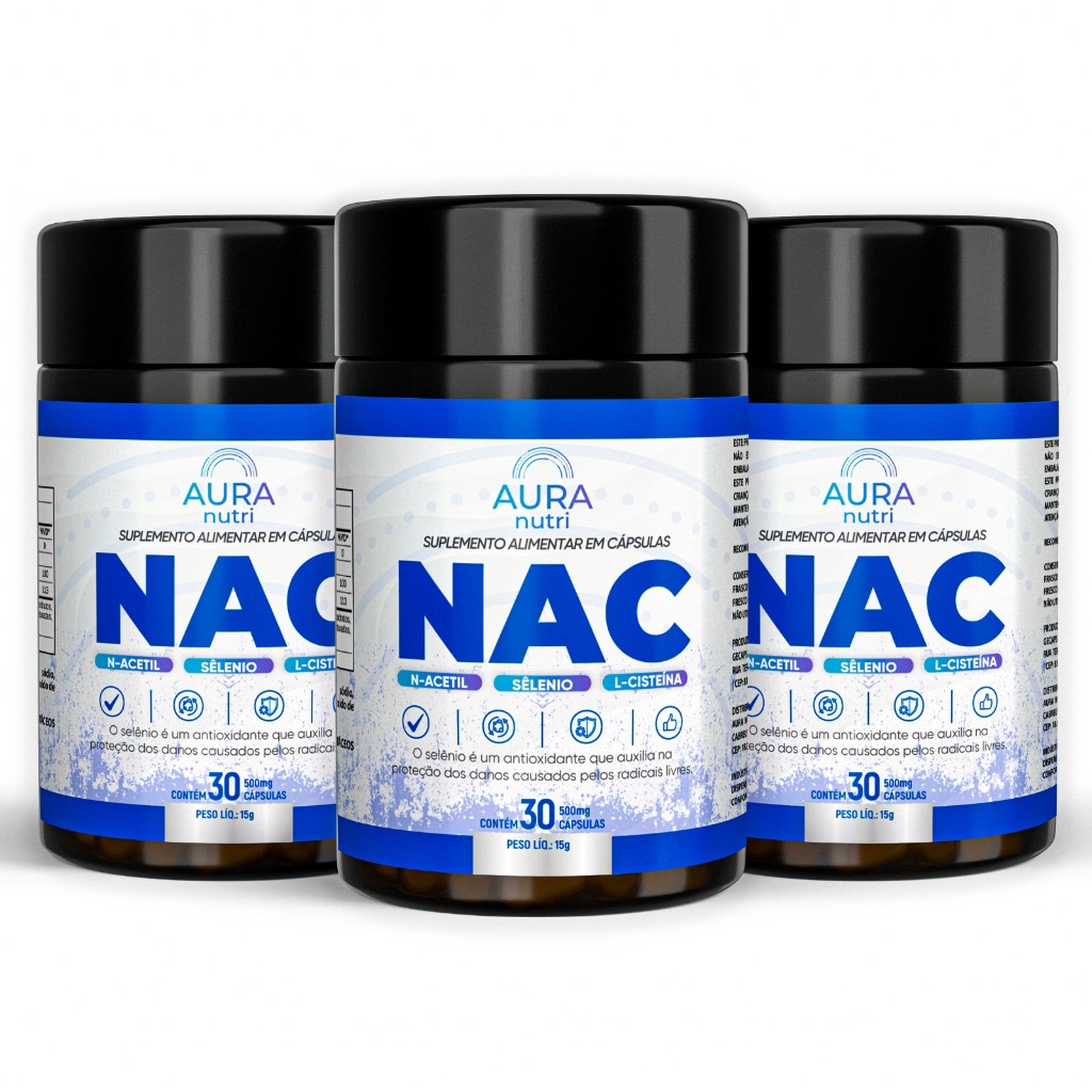 Kit 3 NAC 500mg 90 Cápsulas N-Acetil LCisteína Precursor da Glutationa Antioxidante Imunidade Fígado