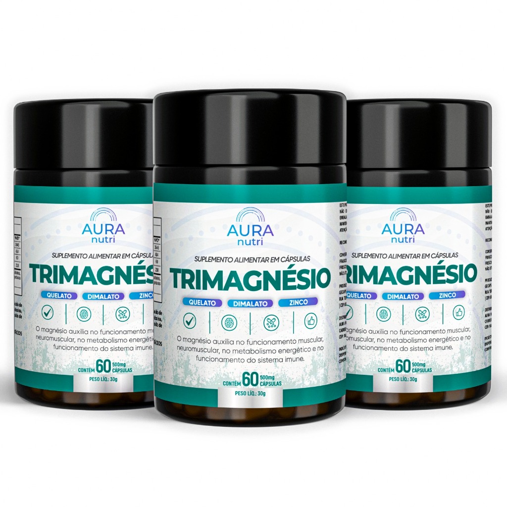 Kit 3x Tri Magnésio Trio Dimalato Treonato Quelato Zinco Vitamina B6 B12 - 180 Cápsulas Aura Nutri