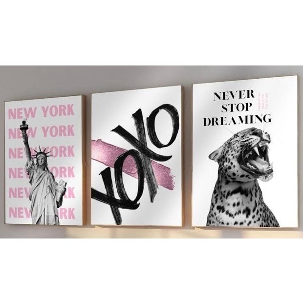 Quadros decorativos New York Estátua da Liberdade e Onça Pintada (3 peças)