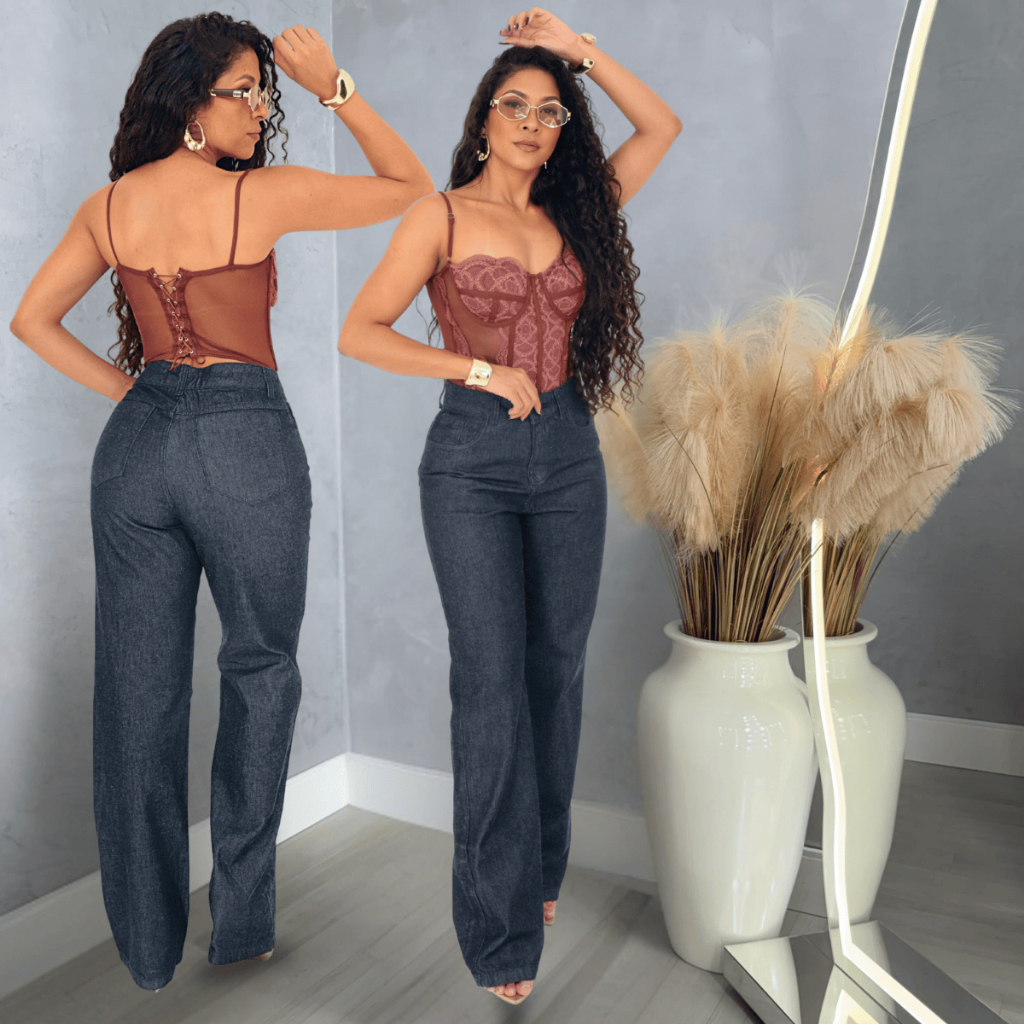 Calça Wide Leg Jeans Marmorizada Calça 100% Algodão Pantalona Cintura Alta Feminina Premium Sem Lycra boca larga Tecido