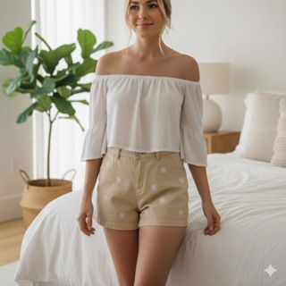 Shorts feminino de cintura alta com modelagem slim, efeito levantado e detalhes em renda branca nas laterais em Oferta na Shopee