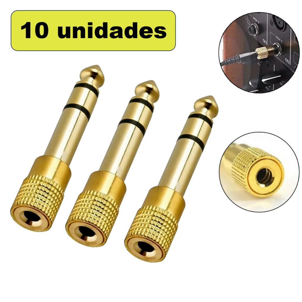 10x  Conector Conversor 10x Adaptador P10 Macho 6,35mm Para P2 Fêmea 3,5mm Plug Estéreo Profissional Ouro