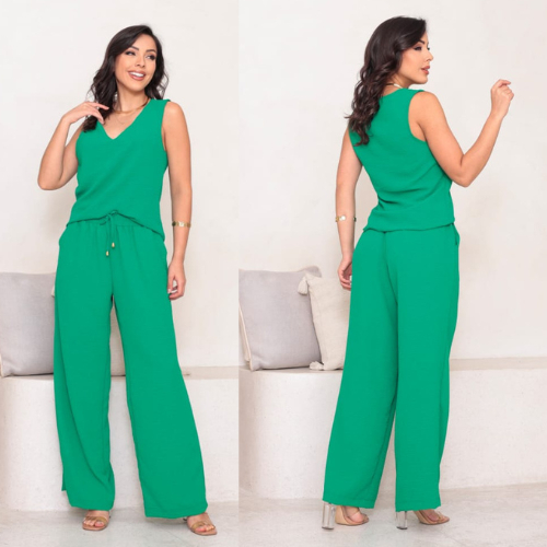 Conjunto Feminino Calça  Pantalona Com Bolso Cintura Alta  y Blusa Regata Alça Larga Tecido Duna em Oferta na Shopee