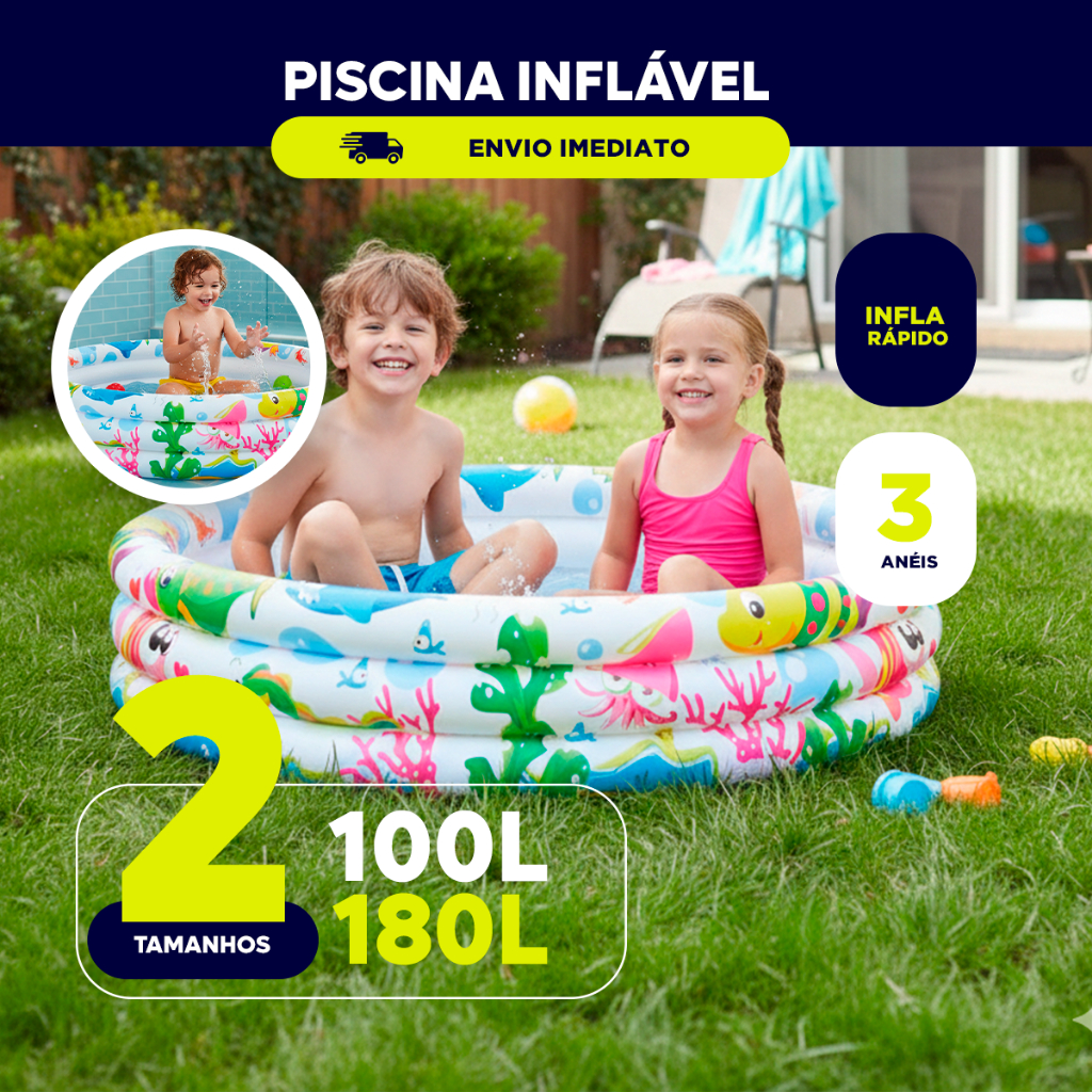 Piscina Infantil Inflável 180L | 100L Brincadeira Segura Redonda Àgua e Bolinhas Fundo do Mar