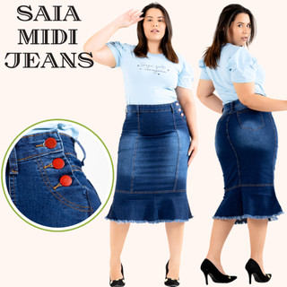 Saia Jeans Midi Evangelica Premium  Com Babado E  Botões Personalizados Cintura Alta e com Lycra Na Cor Azul do 38 ao 46