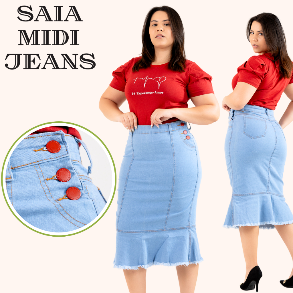 Saia Jeans Midi Evangelica Premium Com Babado E  Botões Personalizados Cintura Alta com Lycra Na Cor Cristal do 38 ao 46 em Oferta na Shopee