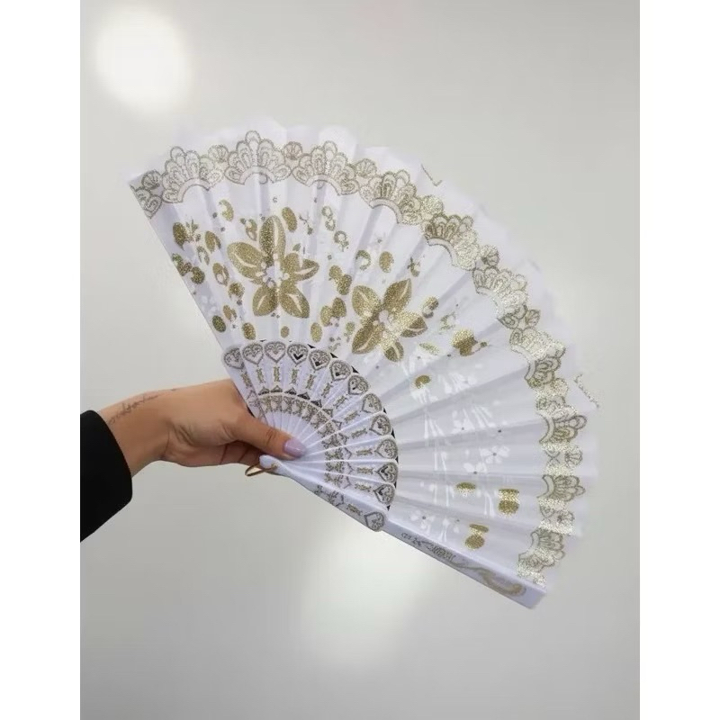 LEQUE BRANCO DESENHADO COM GLITTER | LEQUE JAPONÊS BRANCO | DETALHES DOURADOS | CARNAVAL | CALOR | ABANO | VENTO