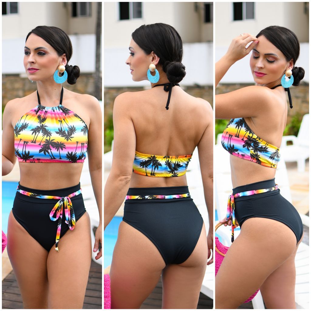 Biquíni Feminino Hot Pants Cintura Alta Com Forro Roupa De Banho Biquini Plus