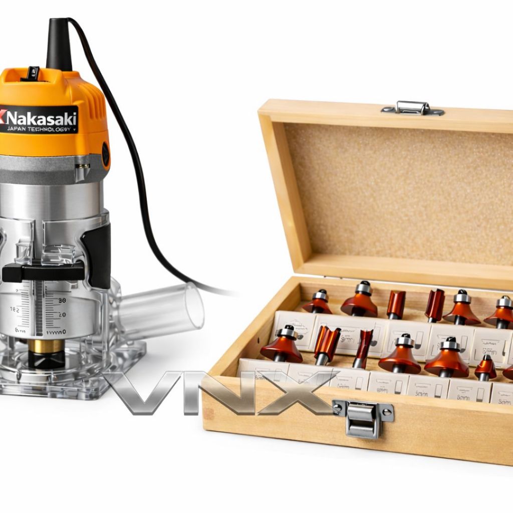 Kit Tupia Laminadora Portátil + Jogo de Fresas 6mm com 15 Peças Com Estojo em Madeira