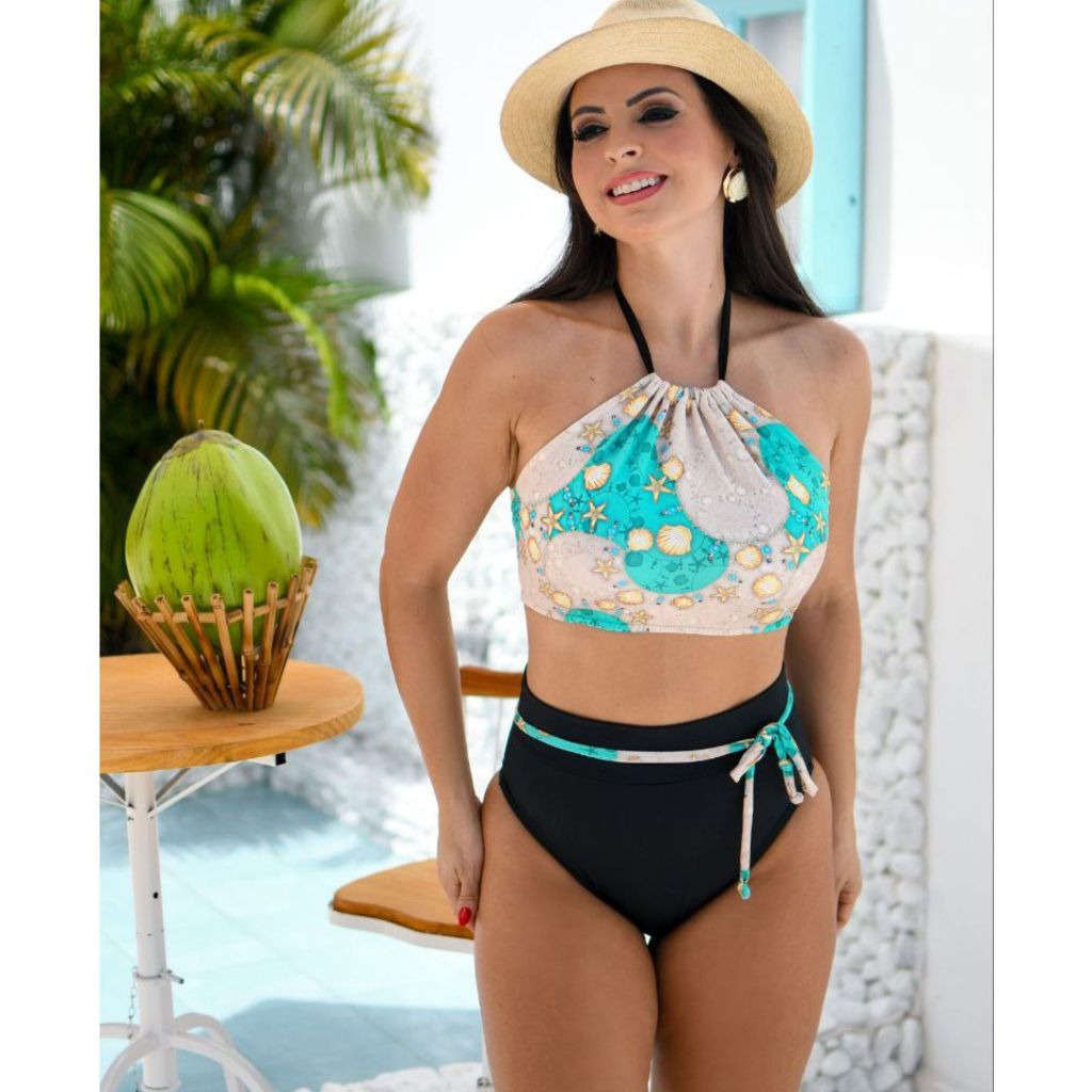 Biquíni Feminino Top com Bojo Removível e sustentacao e Calcinha Cintura Alta hot pants Praia