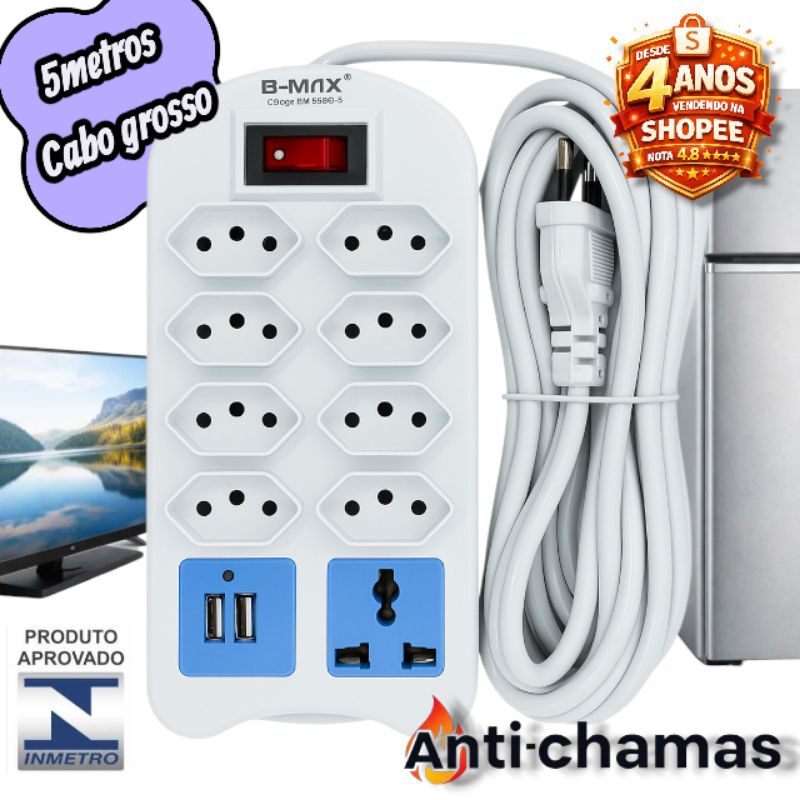 Extensão Elétrica 8 Tomadas 5metros Bivolt+usb Qualidade Premium