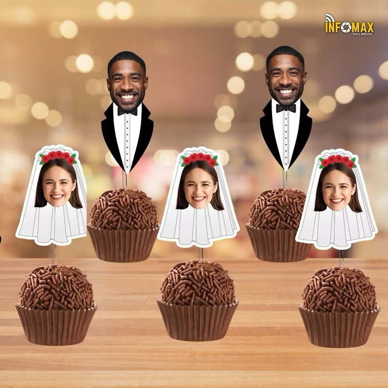 Kit Topper Casal Noivos com FOTO – Despedida de Solteira. Personalizadas para Docinhos, Cupcakes e Salgados