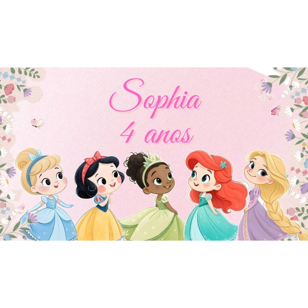 Painel de Festa Princesas Personalizado - Quadro Decorativo em mdf - 60x40cm - Vinil