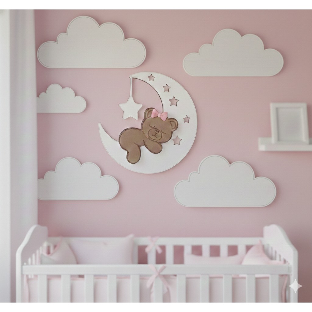 Lua com urso e nuvens decoração para quarto baby em Oferta na Shopee