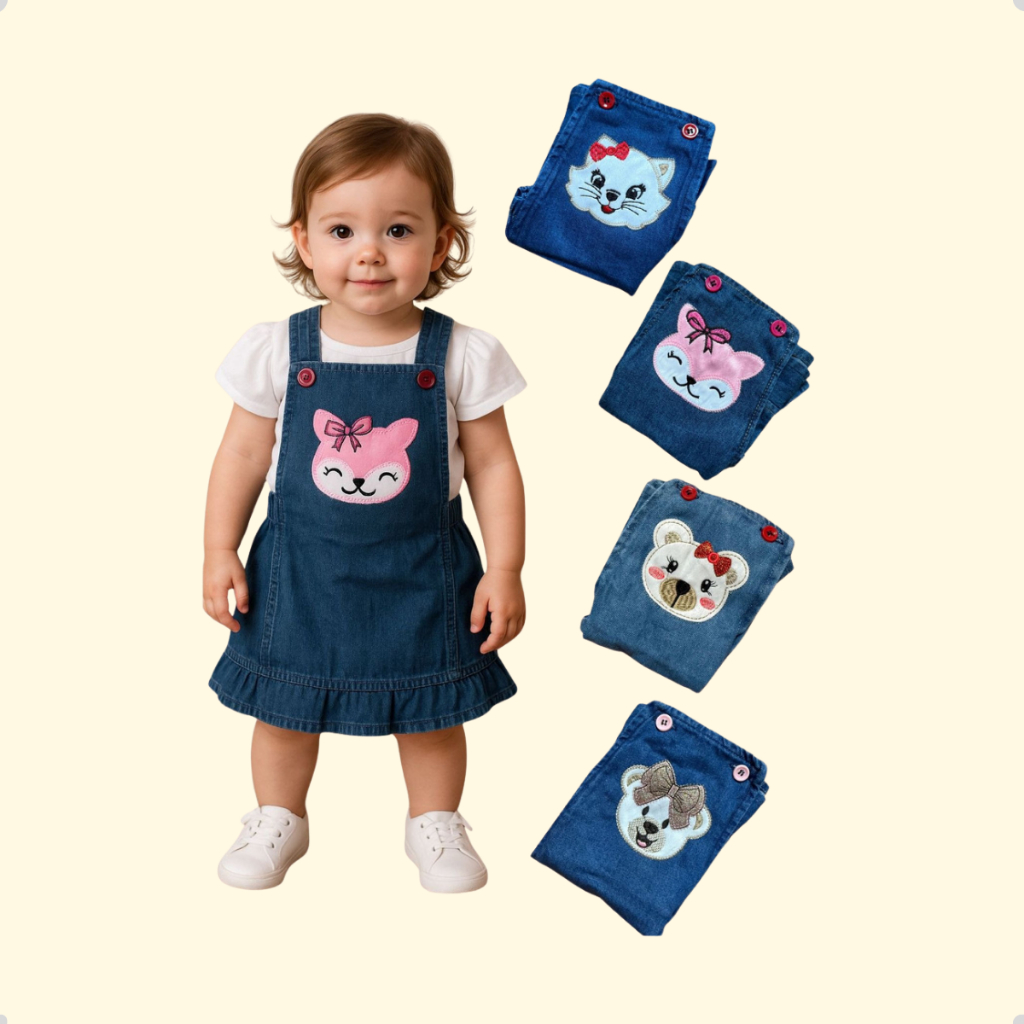 Jardineira Salopete Jeans Moda Infantil Menina Princesa Estampa Desenho Vestido Gatinho 1-4 anos