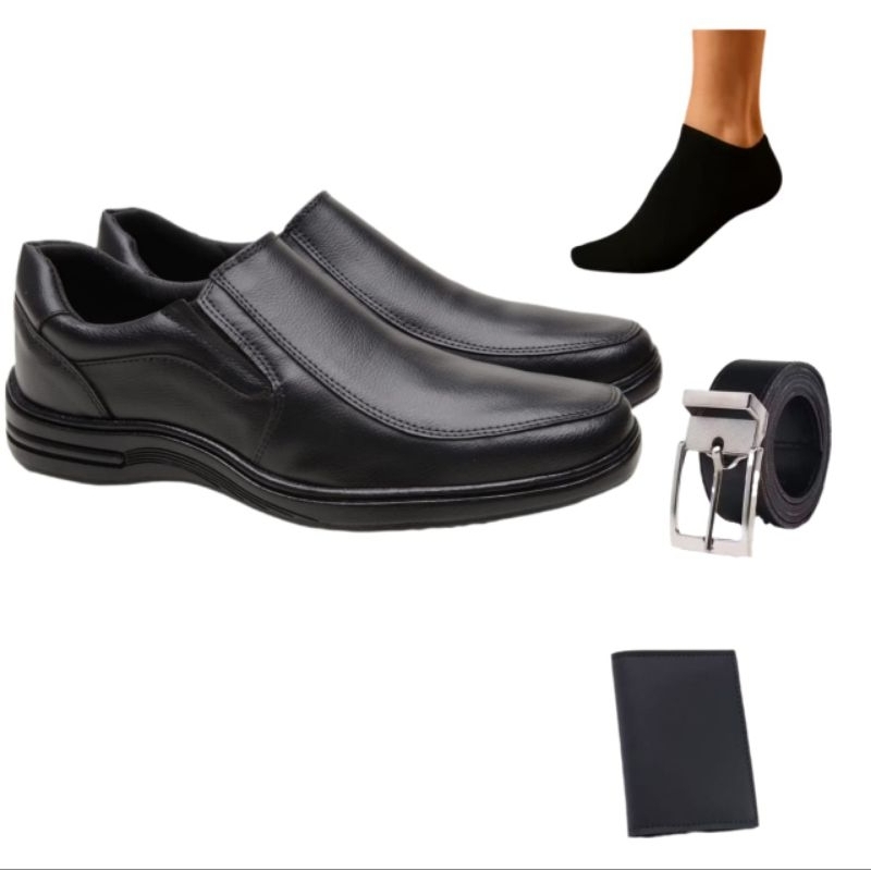 Sapato Social liso Confortável Preto + Cinto Preto + Porta Cartão + Brinde: 1 Par de meia