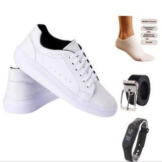 Tênis casual Branco + Relógio digital + Cinto PT + Brinde: 1 Par de meia