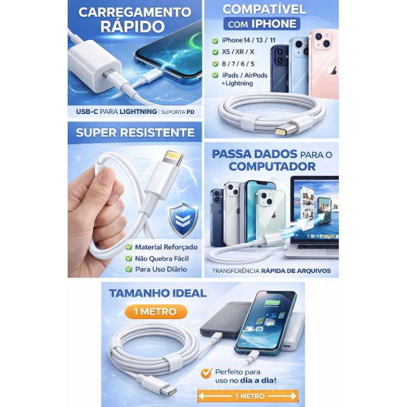 Cabo USB-C para Lightning iPhone – Carregamento Rápido PD 30w, Resistente, 1 Metro